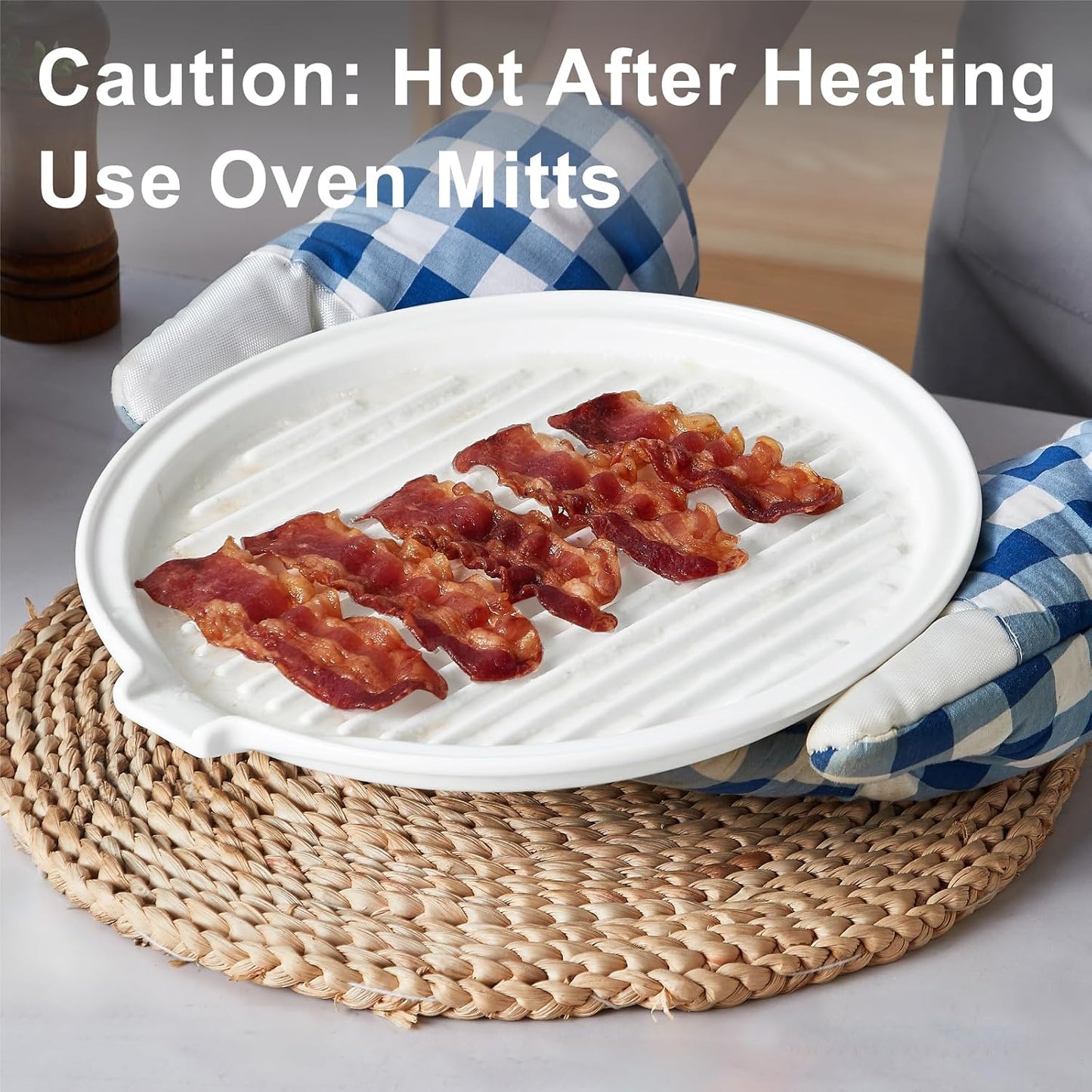 ONEMORE Microwave Bacon Cooker, Ceramic Bacon Tray with Splatter Cover | Meat Rack for Oven Cooking Crispy Bacon Maker with Collapsible Lid - 13 inch Round Bacon Dish Plate, Dishwasher Safe, White