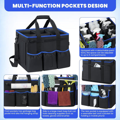 Rolling Cleaning Caddy Bag with Detachable Trolley, Large Multi-Pockets Cleaning Supply Organizer with Handles and Shoulder Strap, Cleaning Cart Supplies Organizer for Housekeepers, Cleaners, Car