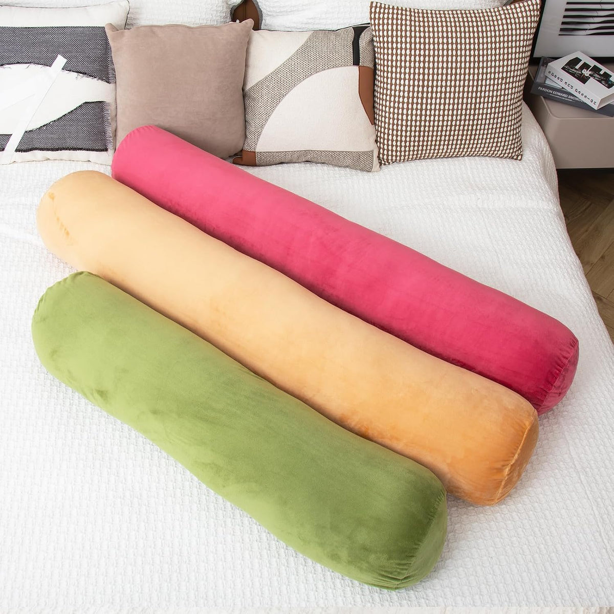 1 MIDDLE ONE Body Pillow for Adults, Bolster Pillow with Removable Velvet Cover, Long Round Cervical Roll Pillow, 35 x 7.87 Inches, Blue