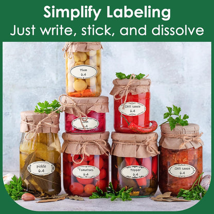 DGBDPACK Water Soluble Canning Labels, 1 x 2 1/8 in for Mason Jars 200 Pack | 200 stickers with 8 decorative designs, fully dissolvable in water, pickles, mason jars.