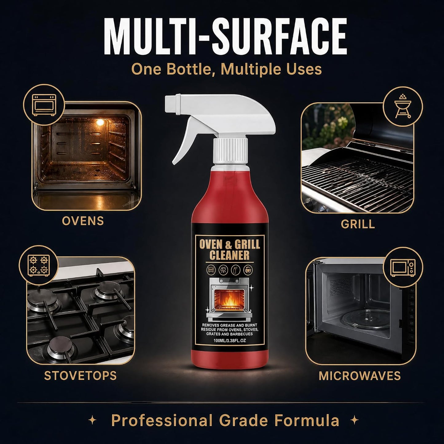 Oven & Grill Cleaner Spray Heavy Duty Super Concentrated Degreaser, No Scrub Formula for Burnt Grease, Air Fryer, BBQ Grates, Stove, Microwave & Kitchen Cookware, Deep Cleaning Solution, 3.38oz/100ML