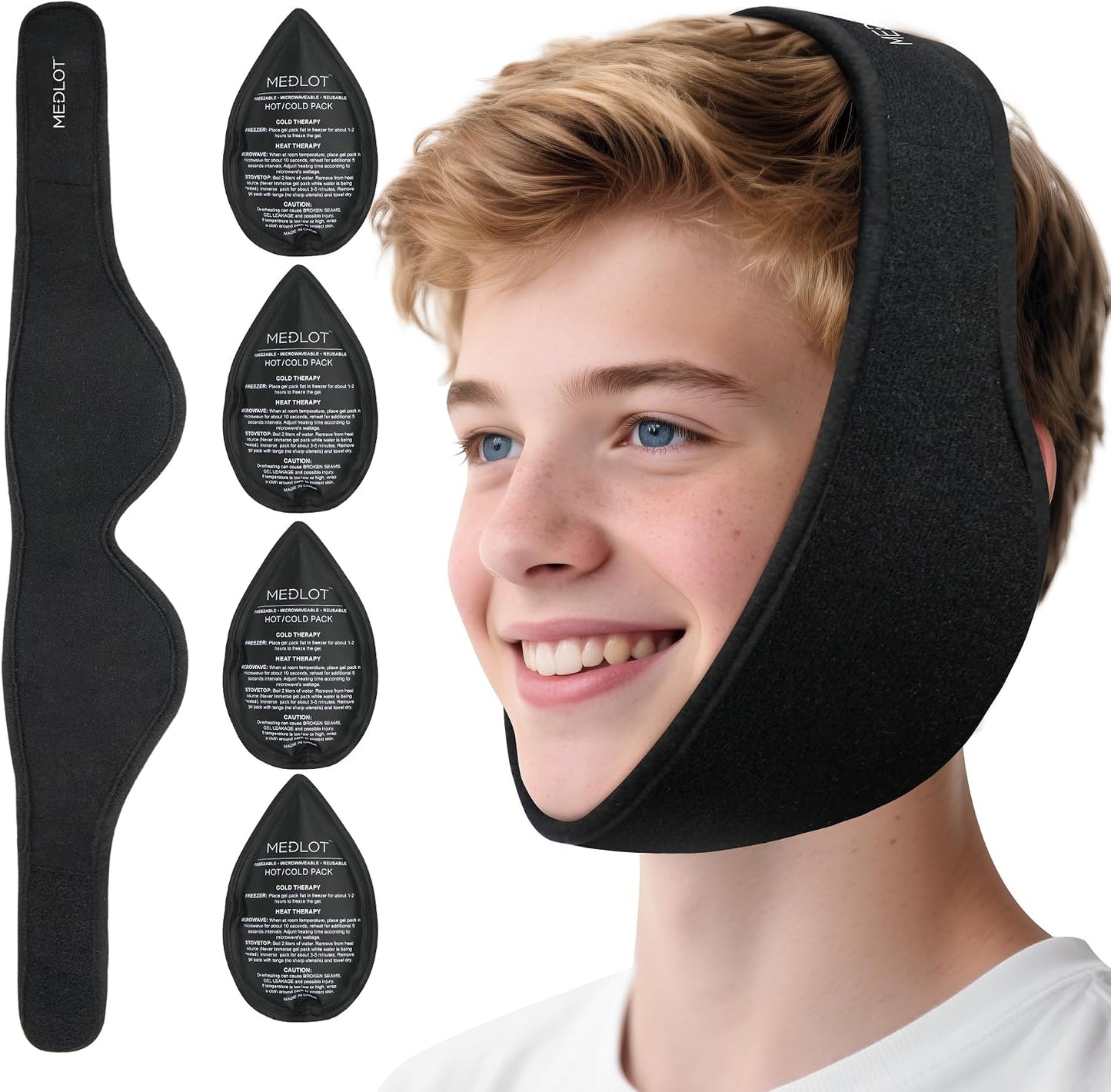 LotFancy Face Ice Pack Wrap for TMJ, Wisdom Teeth, with 4 Reusable Hot Cold Therapy Gel Packs, Pain Relief for Head, Oral and Facial Surgery, Dental Implants, Blue