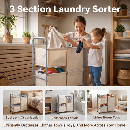 130L Laundry Hamper with Wheels, 3 Section Laundry Sorter Cart with Removable Bags, Rolling Clothes Hamper with Waterproof Lining, Sturdy Freestanding Canvas Laundry Basket for Laundry Room, Beige