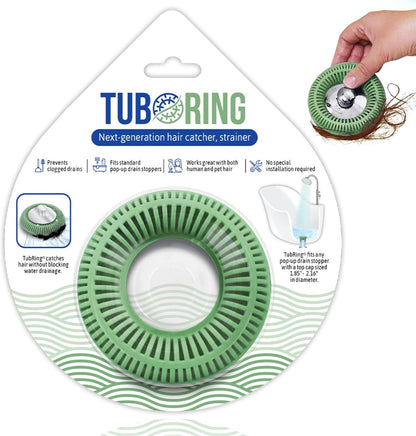 TubRing Pop-Up Drain Protector & Strainer Silicone Hair Catcher, Aqua | Easy snap-in design fits around bathtub stoppers. Customizable utility guard for clog prevention. Fits 1.85"- 2.16" drains.