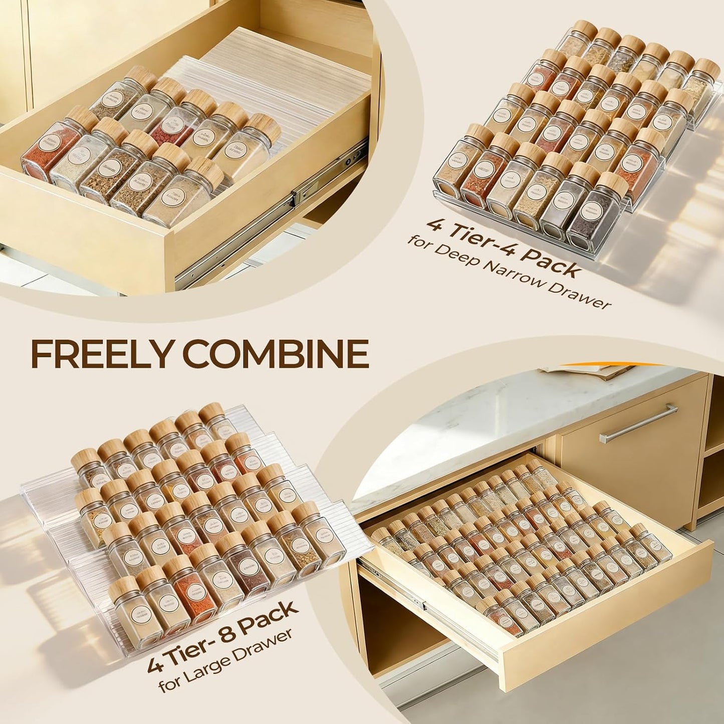 UFORU Acrylic Drawer Spice Organizer 4 Pack,Expandable 11‑22" Tray | Clear Tiered Spice Rack for Drawer,Seasoning Organizer,Hold Up to 24 Standard Spice Jars,No Assembly,Jars Not Included