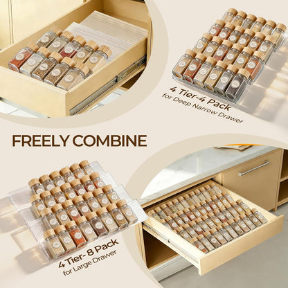 UFORU Acrylic Drawer Spice Organizer 4 Pack,Expandable 11‑22" Tray | Clear Tiered Spice Rack for Drawer,Seasoning Organizer,Hold Up to 24 Standard Spice Jars,No Assembly,Jars Not Included