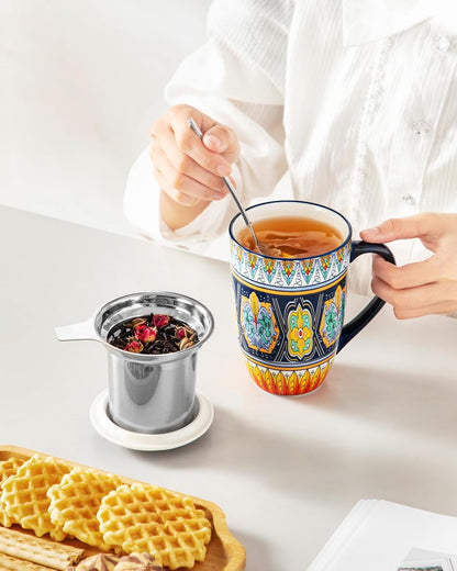 vancasso 18 Oz Tea Infuser Mug with Lid, Mint Petal Whirl | Eye catching Bohemian pattern, adds charm to any tea corner, ceramic mug with infuser, microwave and dishwasher safe