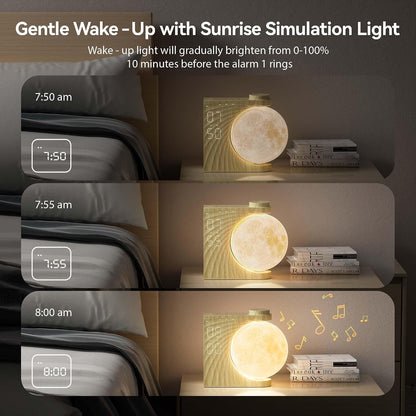 RETEYUNG Rotatable Moonlight Sunrise Alarm Clock,Sound Machines, Night Lamp for Bedrooms with Snooze, 10 Light Effects, 30/60/90 Timer, 10 Sleep Nature Sounds,15 Ringtones,12 Volume(Light Woodgrain)