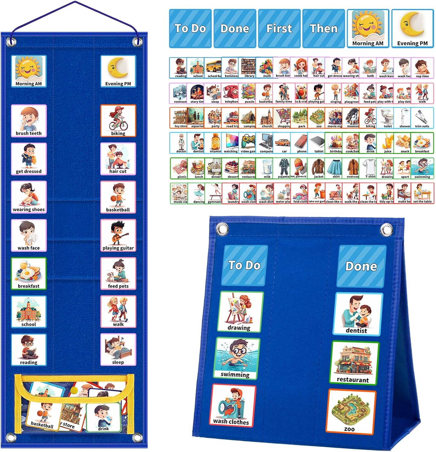 KIKIGOAL Kids Visual Schedule Calendar Chart, 2 in 1 Autism Daily Chore Routine Chart with 96 Cards Autism Learning Materials Bedtime Routine for Toddlers Home School