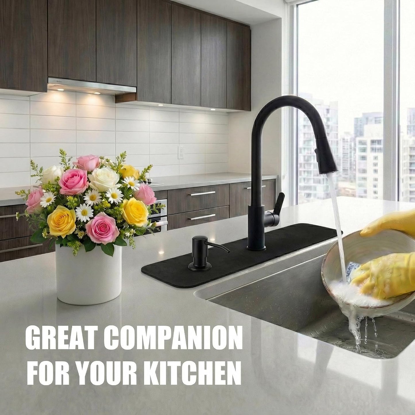 33 Lx5.5 W Long Kitchen Sink Faucet Mat: Customizable Black Splash Guard with Pre-Cut Center Hole for Large Double bowl Sink, DIY to Fits irregular & 2, 3, 4 hole sinks with Soap Dispenser & Air Gap