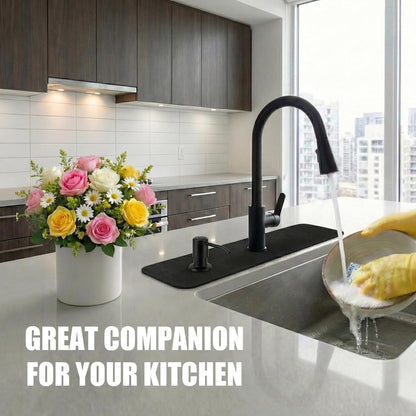 33 Lx5.5 W Long Kitchen Sink Faucet Mat: Customizable Black Splash Guard with Pre-Cut Center Hole for Large Double bowl Sink, DIY to Fits irregular & 2, 3, 4 hole sinks with Soap Dispenser & Air Gap