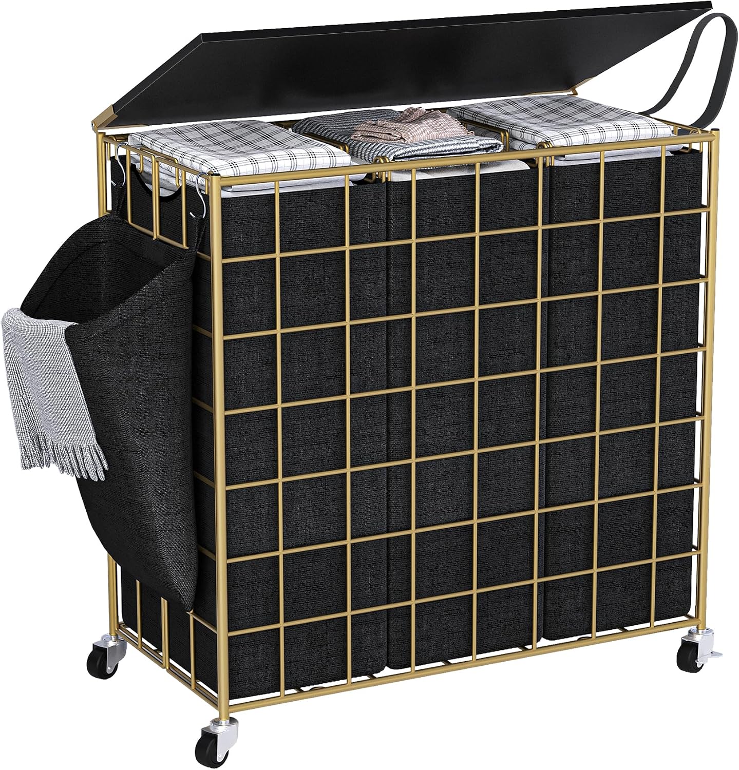 90L Laundry Basket with Wheels, Large Capacity Laundry Hamper with Removable Liner Bags, Heavy Duty Laundry Sorter with Solid Wood Lid & Leather Handles, Grey