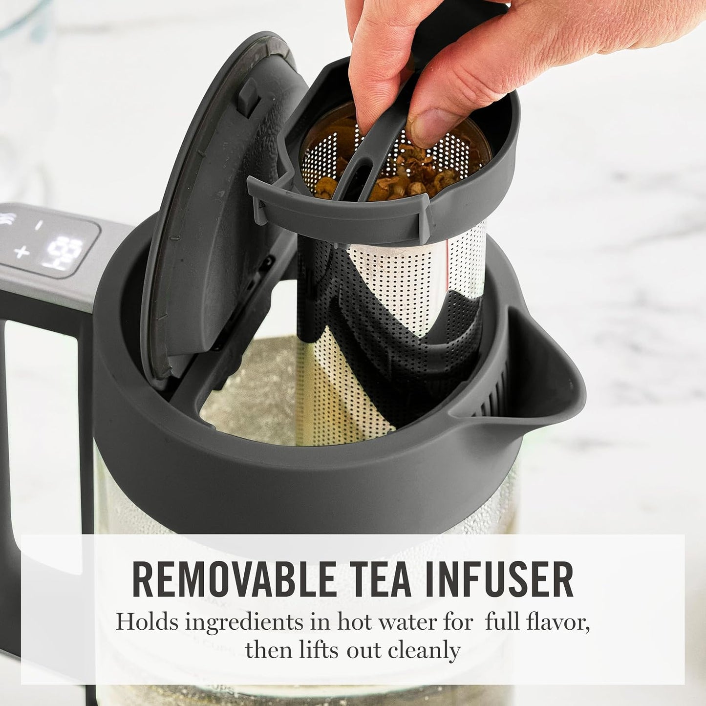 Martha Stewart 1.7L Glass Carafe Electric Kettle with Removable Tea Infuser | 7 Cups, 4 Presets, Rapid Boiling, Stainless Steel Tea Leaf Infuser, Cordless Swivel Base, Keep Warm, Auto Shut-Off, Linen