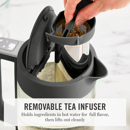 Martha Stewart 1.7L Glass Carafe Electric Kettle with Removable Tea Infuser | 7 Cups, 4 Presets, Rapid Boiling, Stainless Steel Tea Leaf Infuser, Cordless Swivel Base, Keep Warm, Auto Shut-Off, Linen