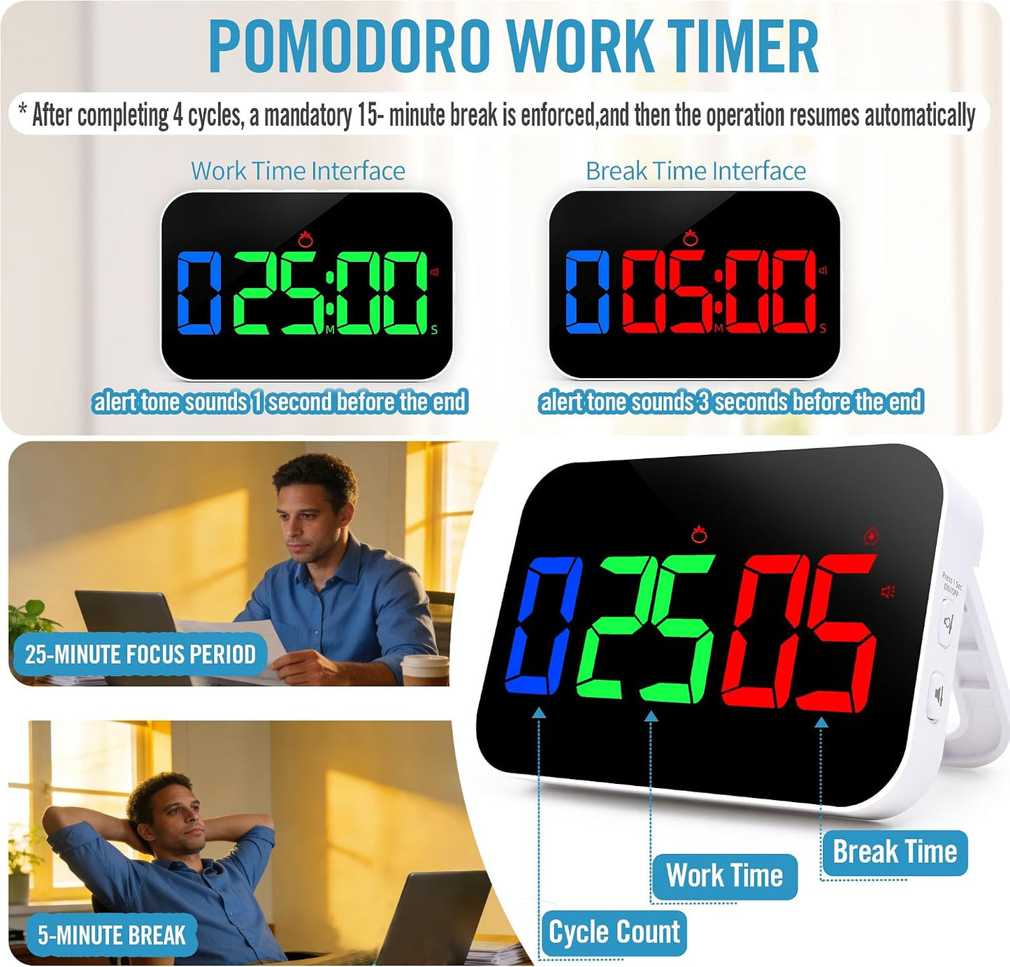 TXL Digital Timer for Classroom, Pomodoro, Gym & Kitchen – Rechargeable Magnetic Countdown Timer, Large LED Display, Loud Alarm, 3 Volume Levels & 3 Brightness Settings
