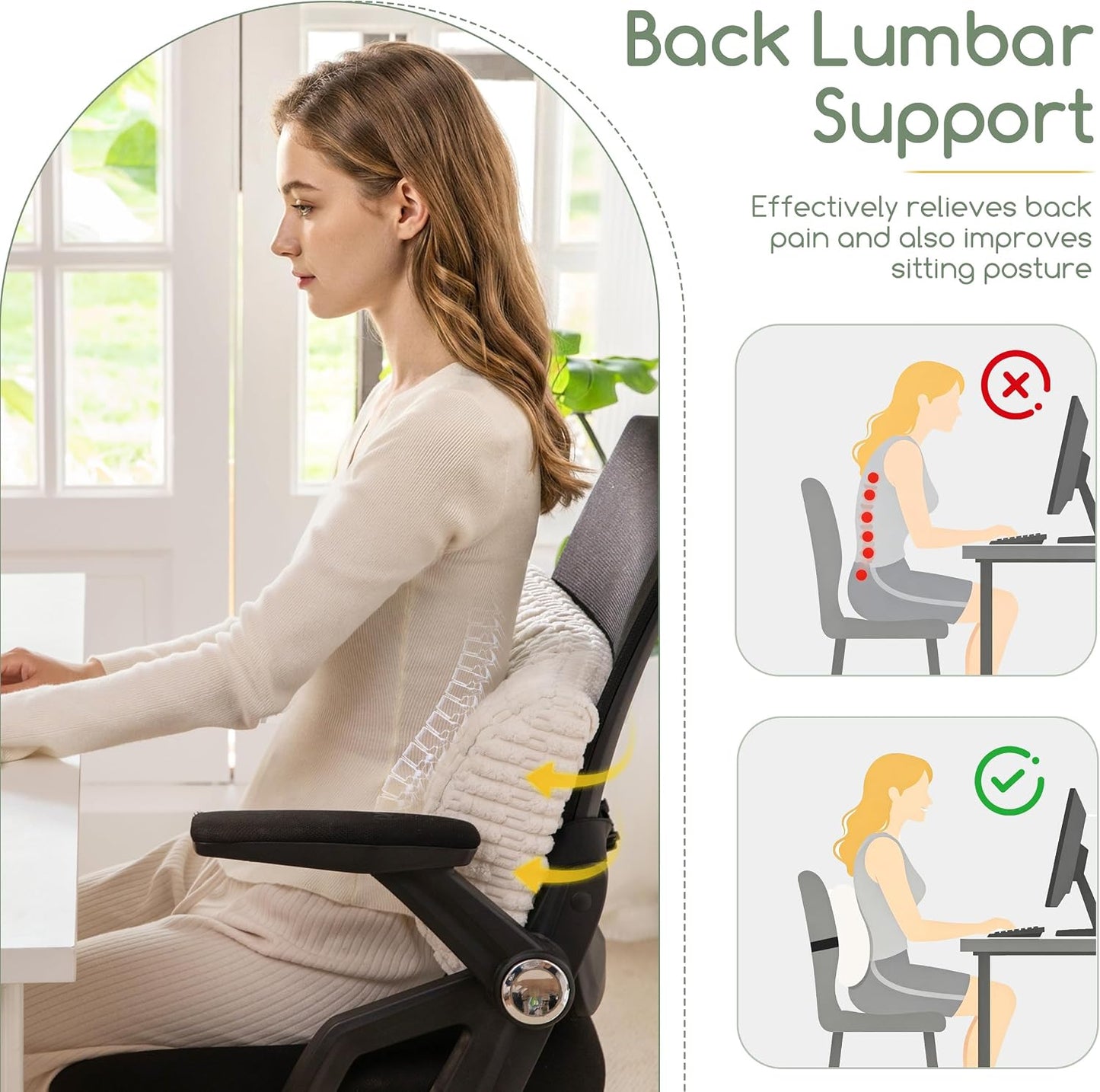 Lumbar Support Pillow for Recliner Chair/Office Chair/Couch, Memory Foam Back Support Cushion with Adjustable Strap, Recliner Cushions for Lower Back Pain Relief, Sleeping, Washable Cover, Beige