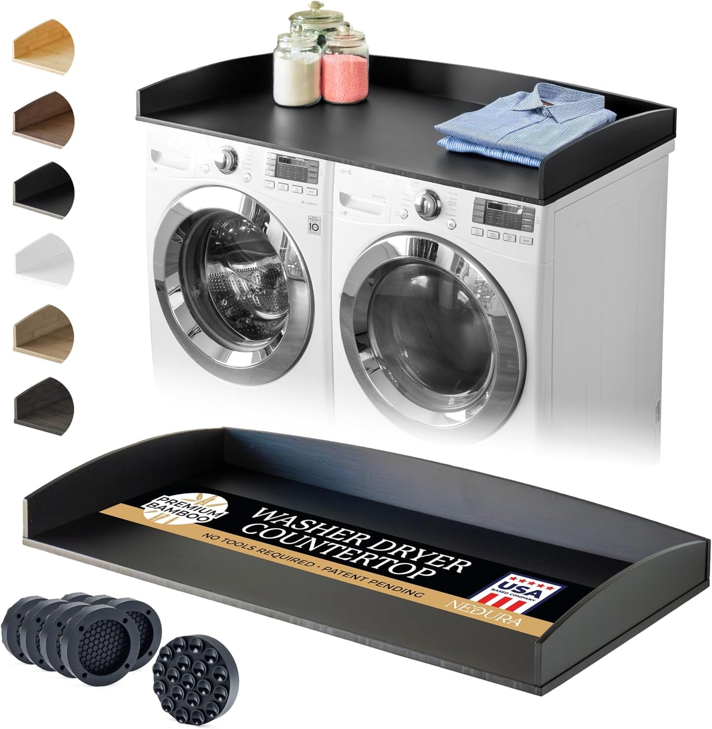 Nedura Washer Dryer Countertop with Anti-Vibration Pads, Curved Edge Rails, Premium Bamboo Laundry Countertop, Washer Dryer Topper, Laundry Room Organization, Laundry Room Accessory – Dark Walnut