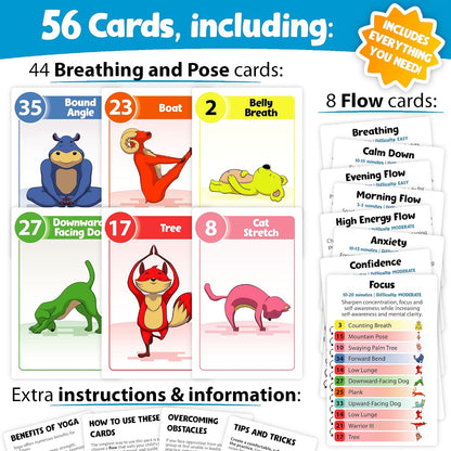 Yoga Cards for Kids, Age 5+, 44 Fun Animal Poses & Breathing Exercise Game