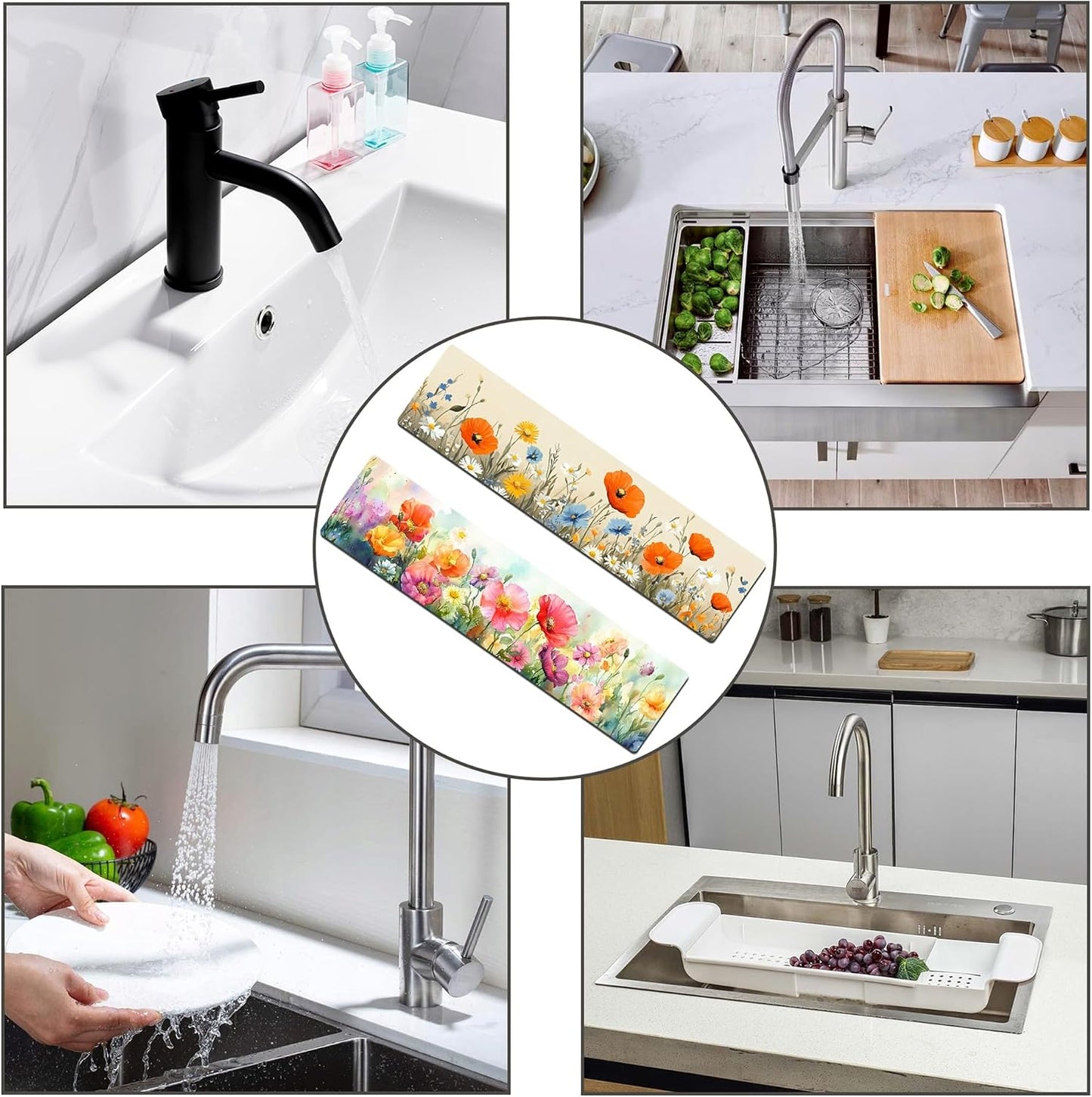 Bimkole 2 PCS Faucet Absorbent Mat, Kitchen Faucet Sink Splash Guard Wraparound Cloth Pads Drip Catcher for Sink Faucet for Kitchen Bathroom Faucet, Colorful Faucet Mat, 15 x 4 Inch Flower A6