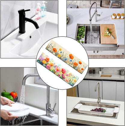 Bimkole 2 PCS Faucet Absorbent Mat, Kitchen Faucet Sink Splash Guard Wraparound Cloth Pads Drip Catcher for Sink Faucet for Kitchen Bathroom Faucet, Colorful Faucet Mat, 15 x 4 Inch Flower A6