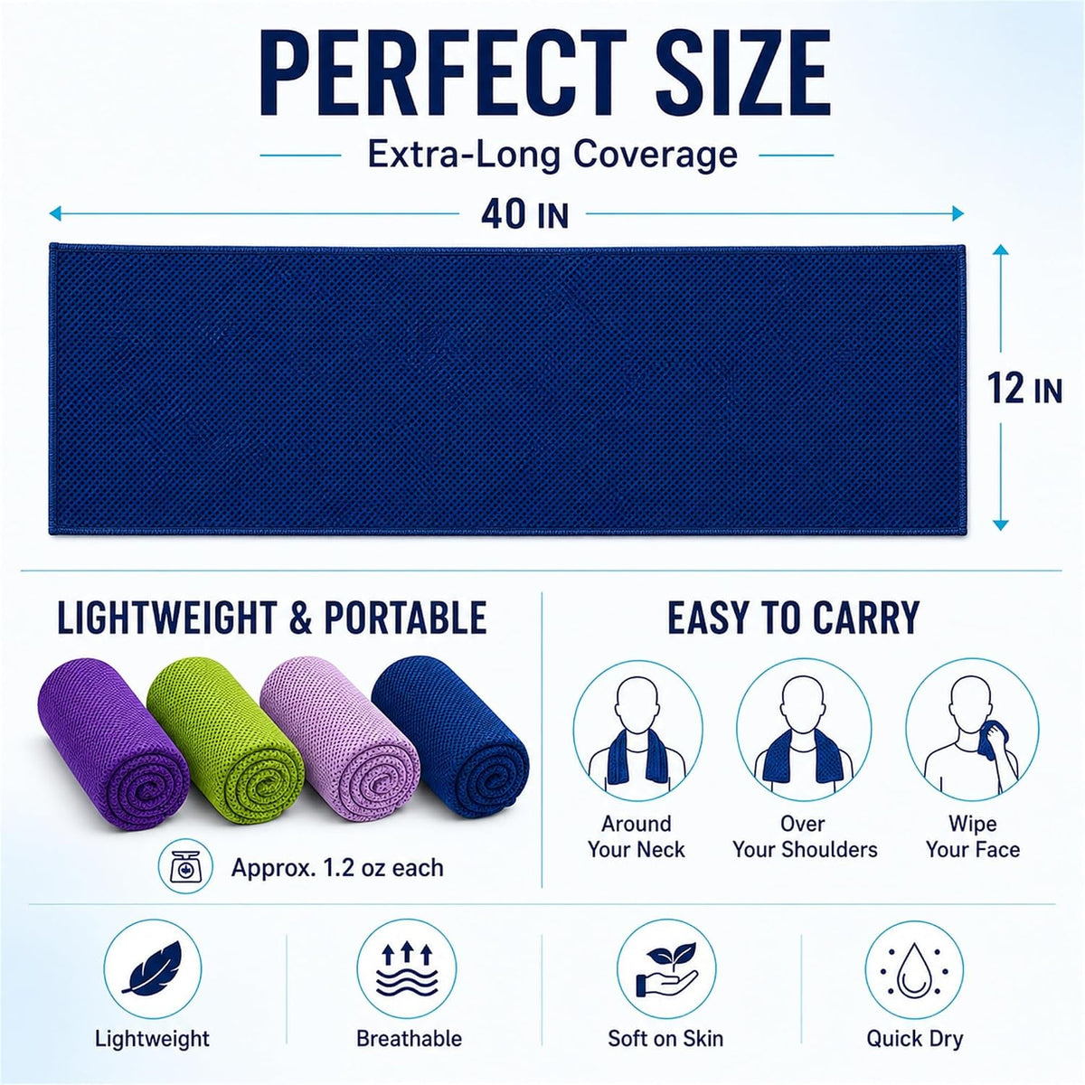 Cooling Towels 4 Pack with Silicone Case, 5 Carabiners, 40 x 12 in