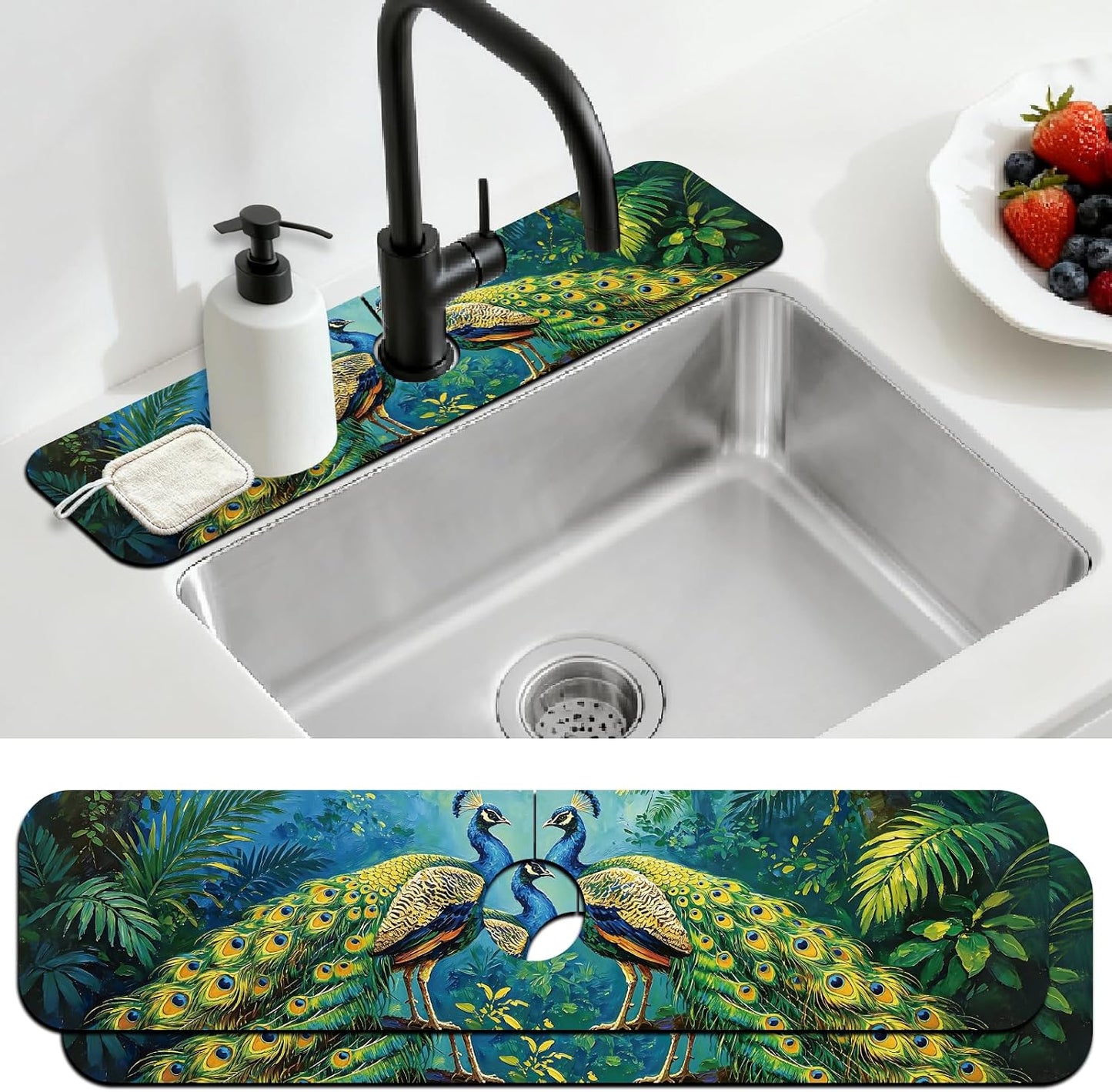 2Pcs Peonies Kitchen Sink Splash Guard Faucet Mat Vintage Florals Faucet Mat For Bathroom Kitchen 5.5x23.6In