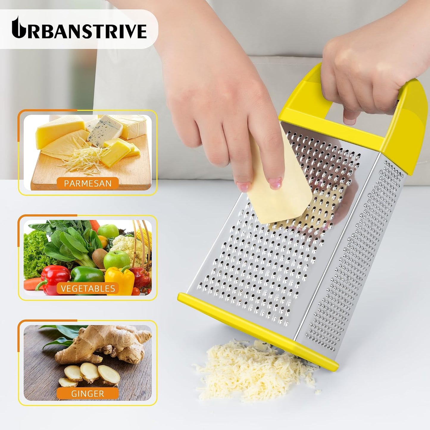 Urbanstrive Cheese Grater With Container Box Grater Stainless Steel Graters for Kitchen Cheese Shredder Parmesan Shredder Kitchen Gadgets Kitchen Tools Kitchen Gifts for Chef Dishwasher Safe Zester