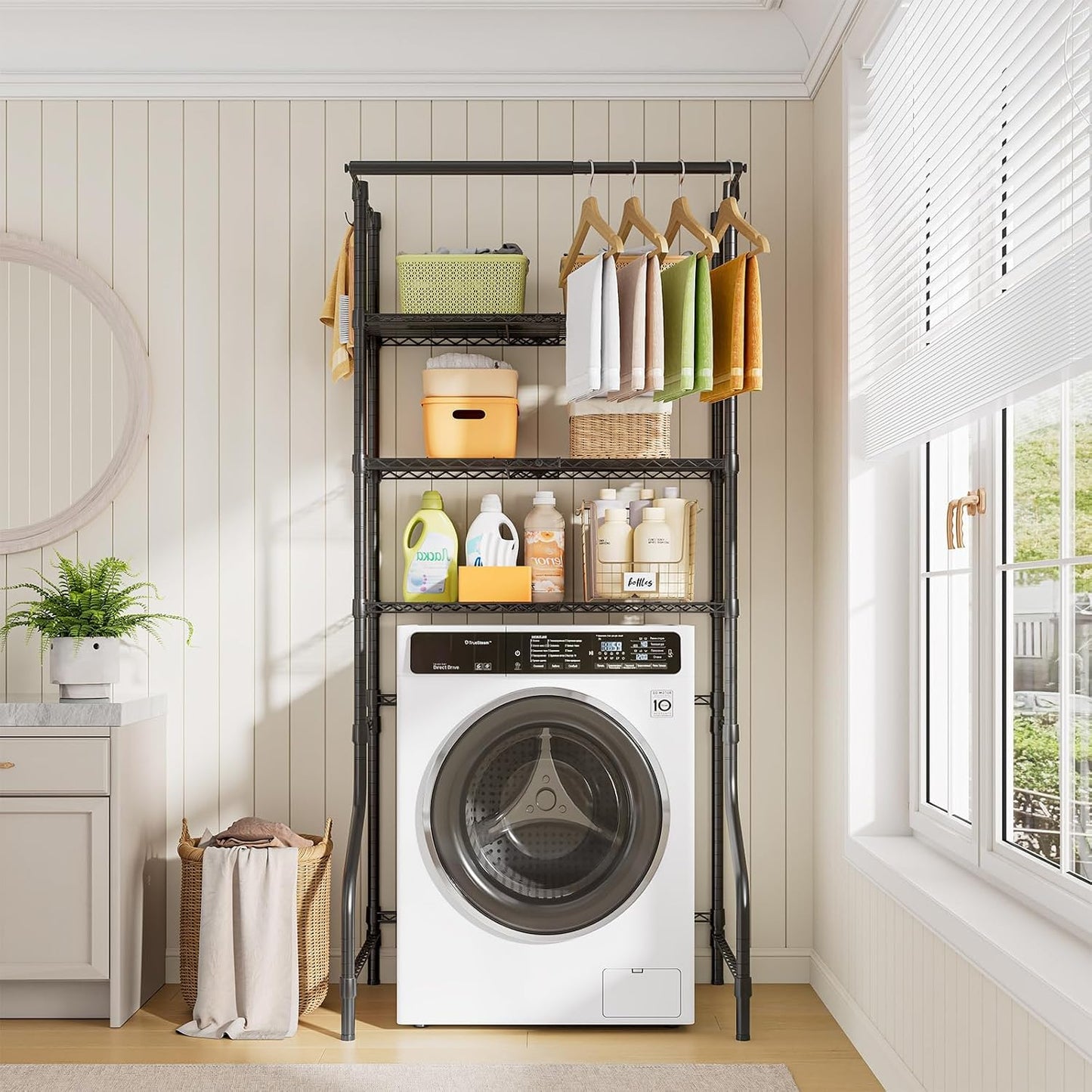 3 Tiers Expandable Over Washer and Dryer Shelves, White | Laundry Room Organization and Storage with Hanger Rod, 4 Hooks, Adjustable Height Metal Freestanding Clothes Drying Rack