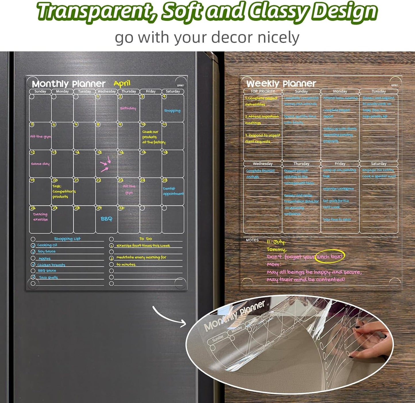 JJPRO Non-Magnetic Dry Erase Monthly Calendar, Clear Weekly Meal Board for Fridge -Starts Sunday,12"x16" Reusable Weekly Planner Stick to Fridge,Wall, All Smooth Surfaces
