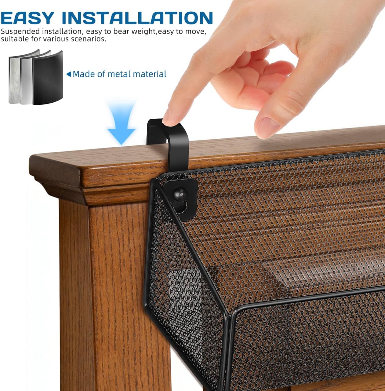 Luxshiny Bedside Hanging Storage Basket, Beside Shelf Metal Organizer Rack | No Drilling Required, Attaches to Bed Frame or Desk, Stores Phone and Books, 1 Basket with 10 Hooks