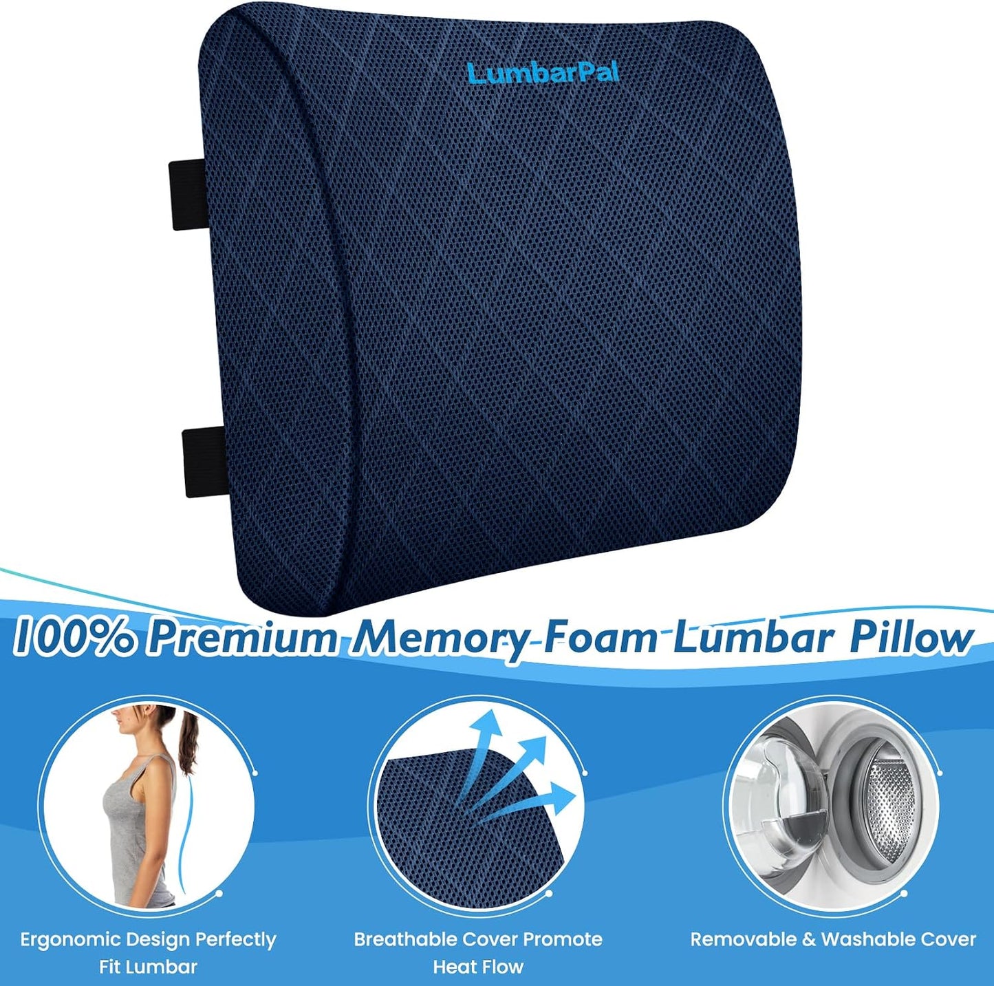 Lumbar Support Pillow for Office Chair, Back Support, Memory Foam, Grey | Improve Sitting Posture & Back Pain Relief. Lumbar Pillow Fits Office, Gaming & Car Chairs with Adjustable Dual Straps