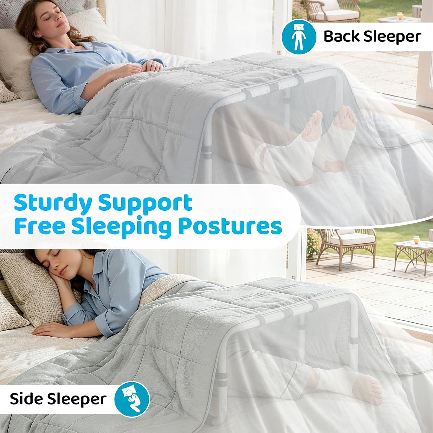 Blanket Lifter for Feet, Height Adjustable Foot Tent,Non-Slip Aluminum Alloy | 4 clips, 26"-32" adjustable. Ideal for post-surgery & knee pain relief. Use on bed/floor. Easy assembly, no tools.
