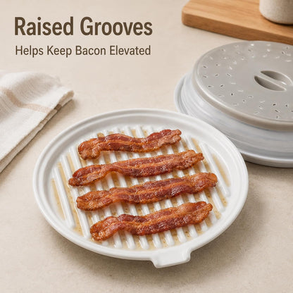 ONEMORE Microwave Bacon Cooker, Ceramic Bacon Tray with Splatter Cover | Meat Rack for Oven Cooking Crispy Bacon Maker with Collapsible Lid - 13 inch Round Bacon Dish Plate, Dishwasher Safe, White