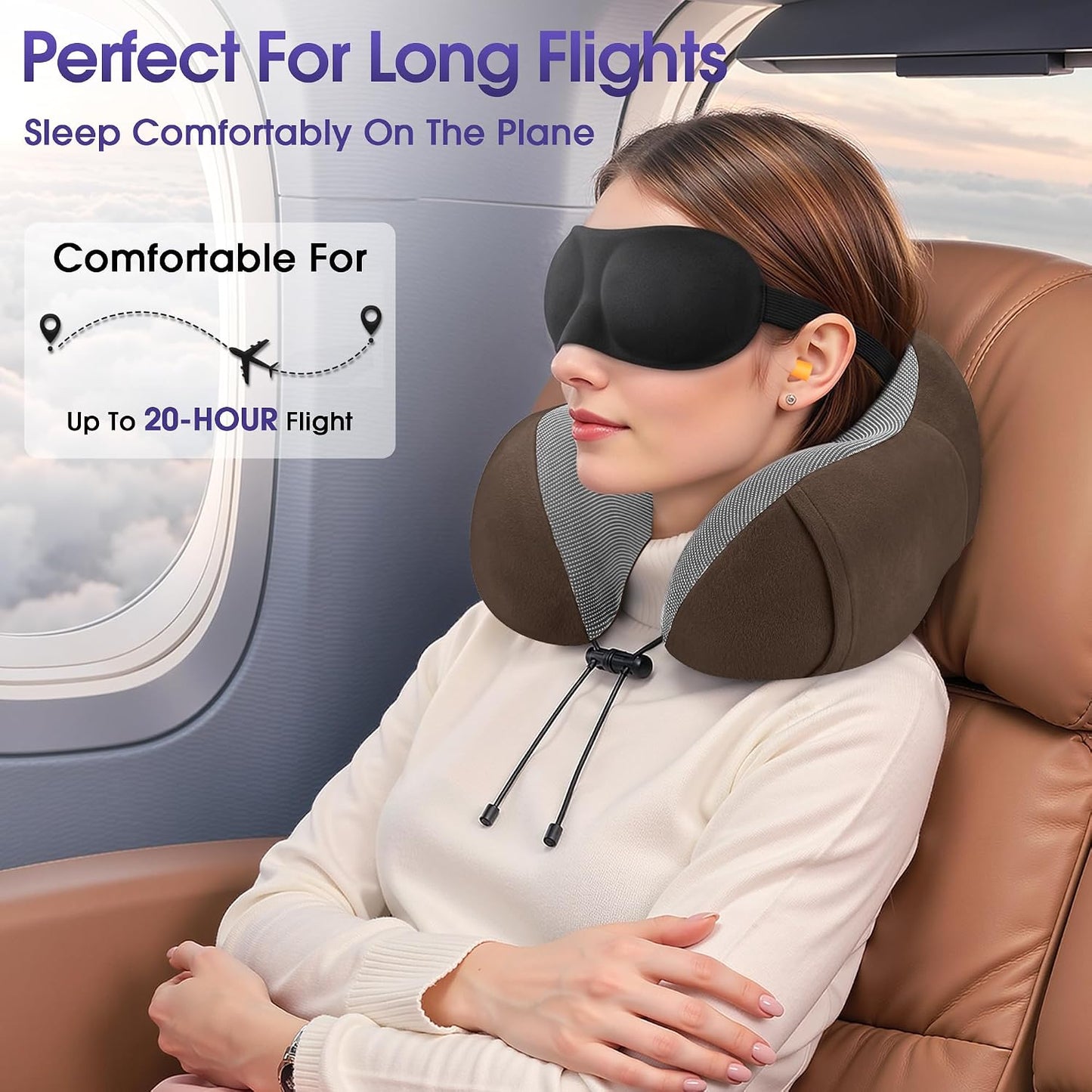 CloudBliss Neck Pillow for Airplanes, Memory Foam Travel Pillow, Black | Compact Flight Pillow with Eye Mask, Earplugs, Carry Bag, Travel Neck Pillow for Long Flight Sleep, Plane Travel Essentials