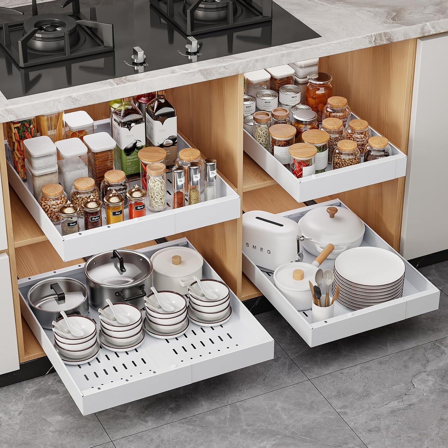 Pull Out Cabinet Organizer, 21"Deep Slide Out Drawers for Kitchen Cabinets | Adjustable Width 12.05"-20.4", For Framed/Frameless cabinets, No Drill Adhesive, 3‑Rail Smooth Glide, Height-Raising Pads