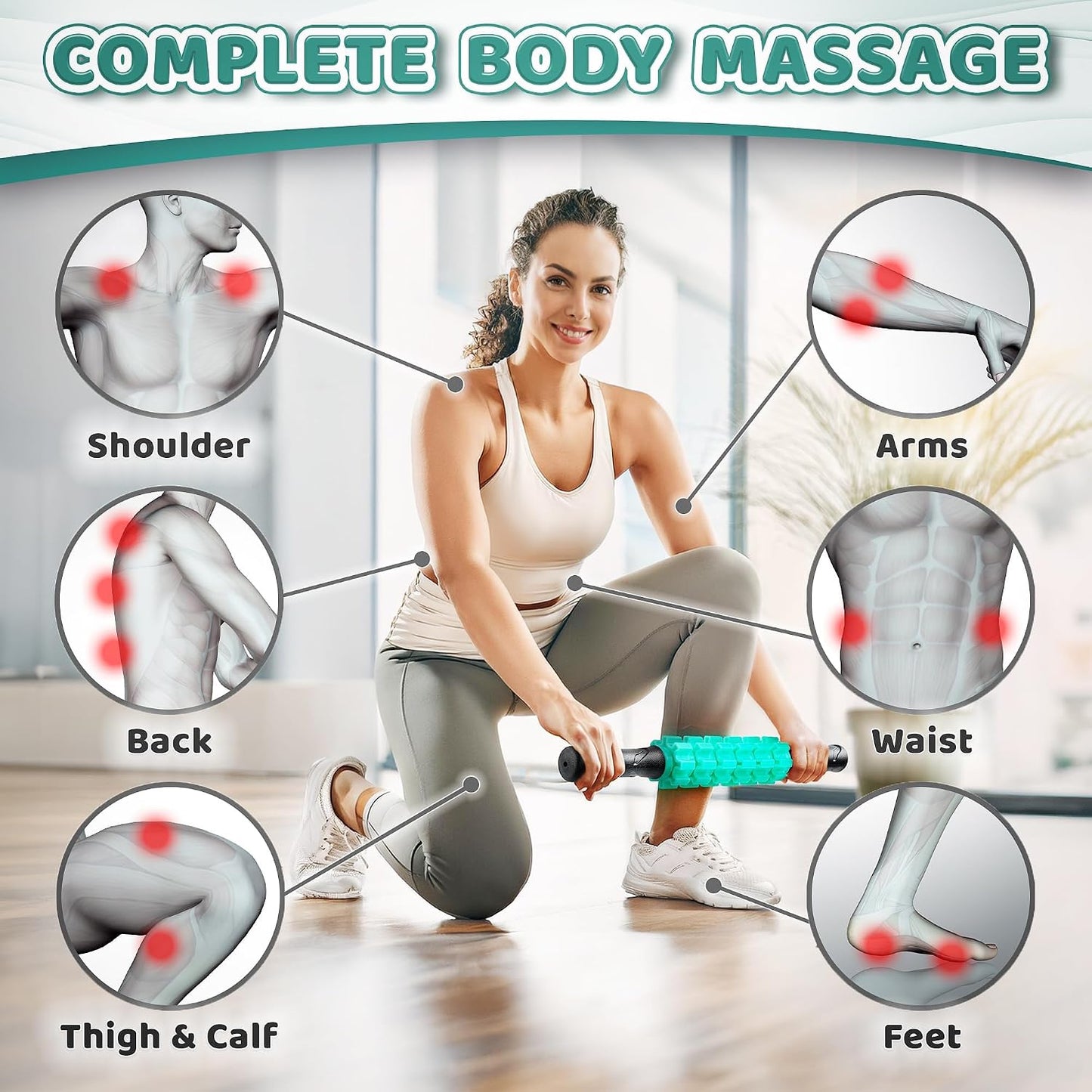Muscle Roller Stick - Green - Hand Held Body Massager with 9 Rollers & Non-Slip Handles - Deep Tissue Massage & Maximum Muscle Recovery - Leg, Back, Arm, Thigh, Butt Sculpting Tool - by Cozlow