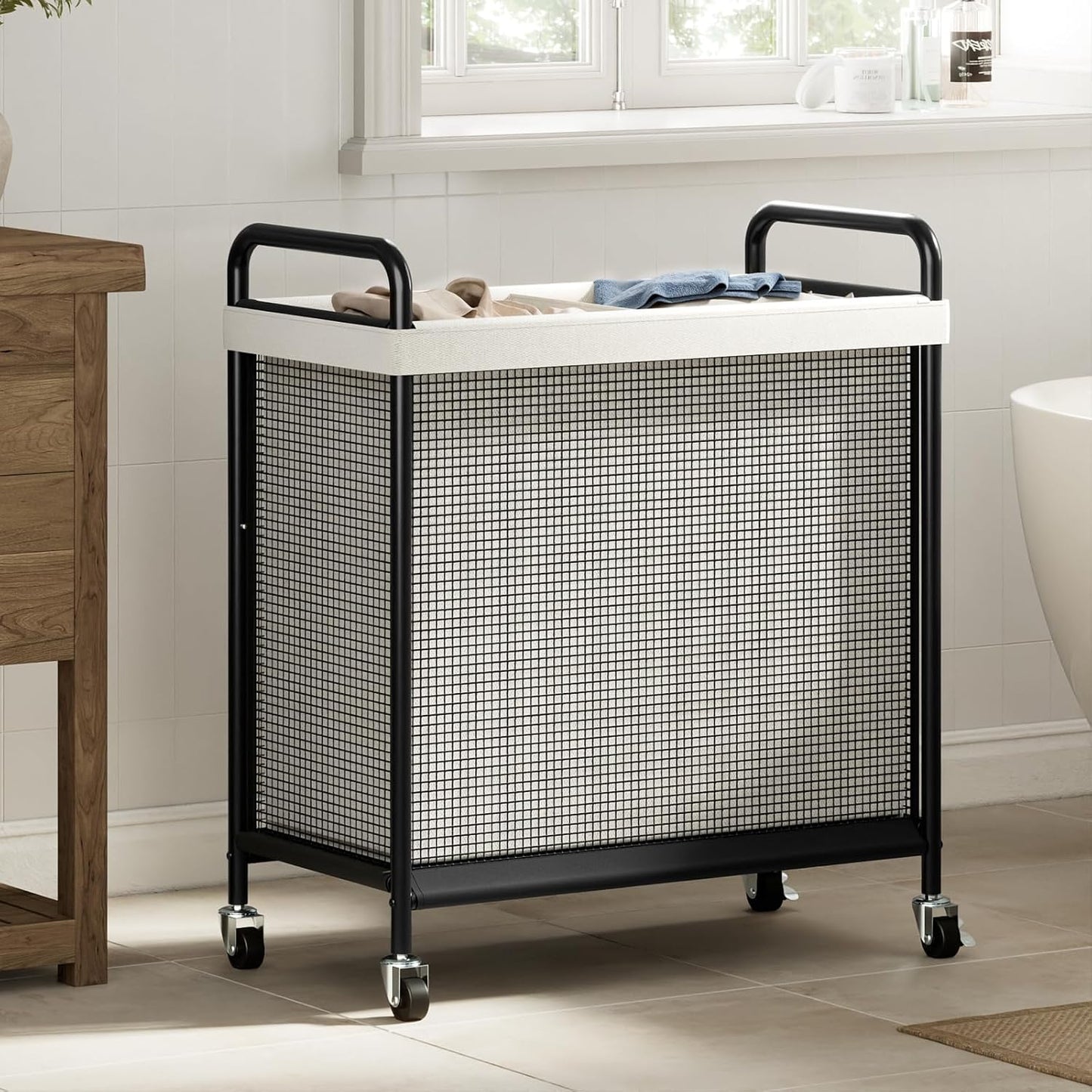 WOWLIVE Rolling Laundry Hamper 2 Section, 100L Laundry Basket with Wheels | Double Laundry Sorter with Metal Handle and Removable Bag, Large Clothes Hamper for Laundry Room, Bathroom and Dorm, Beige