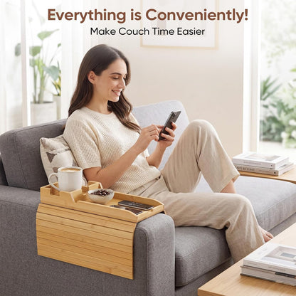 Bamboo Couch Arm Tray Table with Built-in Cup Holder, Foldable Anti-Slip Sofa Armrest Table for Drinks, Phone & Remote, Fits 4.7–16.9 in Armrests, Holds Cups up to 3.5 in Diameter (Bamboo)