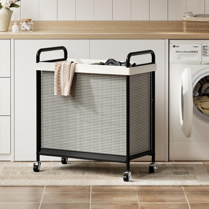 WOWLIVE Rolling Laundry Hamper 2 Section, 100L Laundry Basket with Wheels | Double Laundry Sorter with Metal Handle and Removable Bag, Large Clothes Hamper for Laundry Room, Bathroom and Dorm, Beige