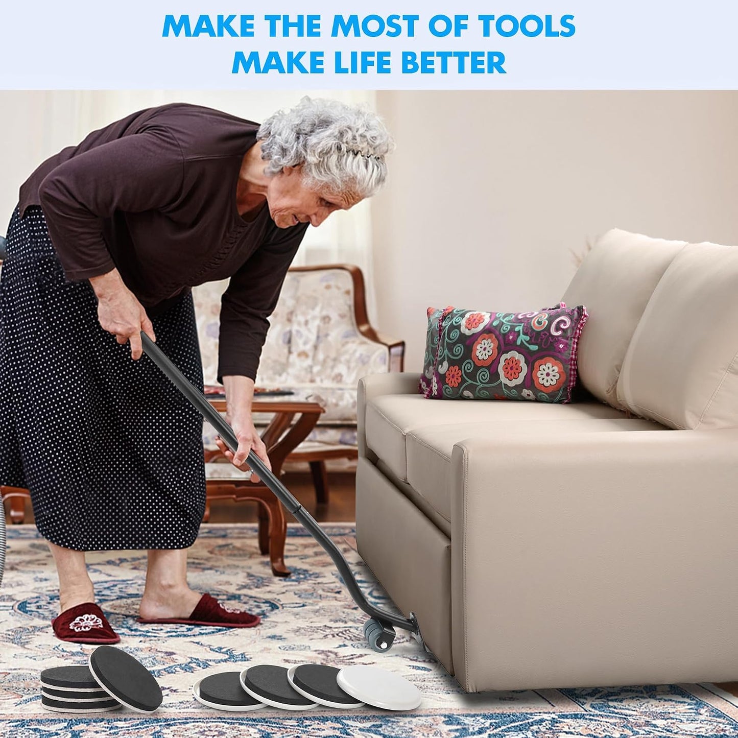 Furniture Lifter Tool + 8-Pack of 3.5" Sliders, Save 80% Effort, Safely and Easily, The Lift and Glide Tool Set for Heavy Furniture and Appliances, Reusable Moving Pads, Floor Protectors for Carpet