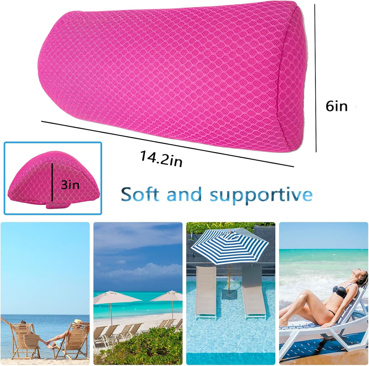 1 Pack Headrest Pillow for Patio Chaise Lounge,Recliner,Beach Chair,Gray | Resilient 3D mesh pillow with removable washable cover, adjustable elastic strap, ergonomic support, lightweight portable