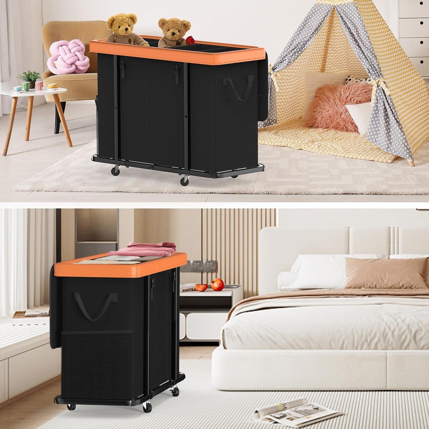 Laundry Hamper with Wheels,150L Leather Patchwork Clothes Hamper Black | Rolling Laundry Basket with Sturdy Metal Frame, Removable Washable Bag,Tall Clothes Sorter for Bedroom, Laundry Room, Dorm