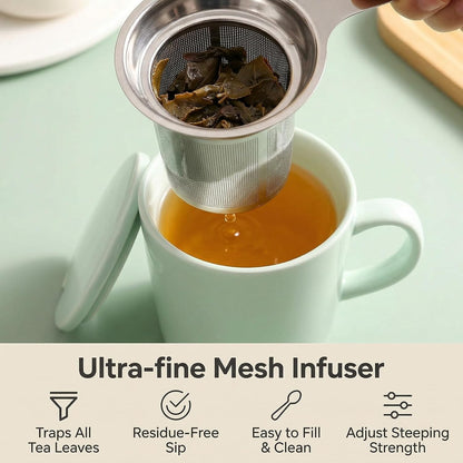 15 Ounce Porcelain Tea Mug with Infuser, Lid and Spoon, Loose Leaf Tea Cup (Mint Green)