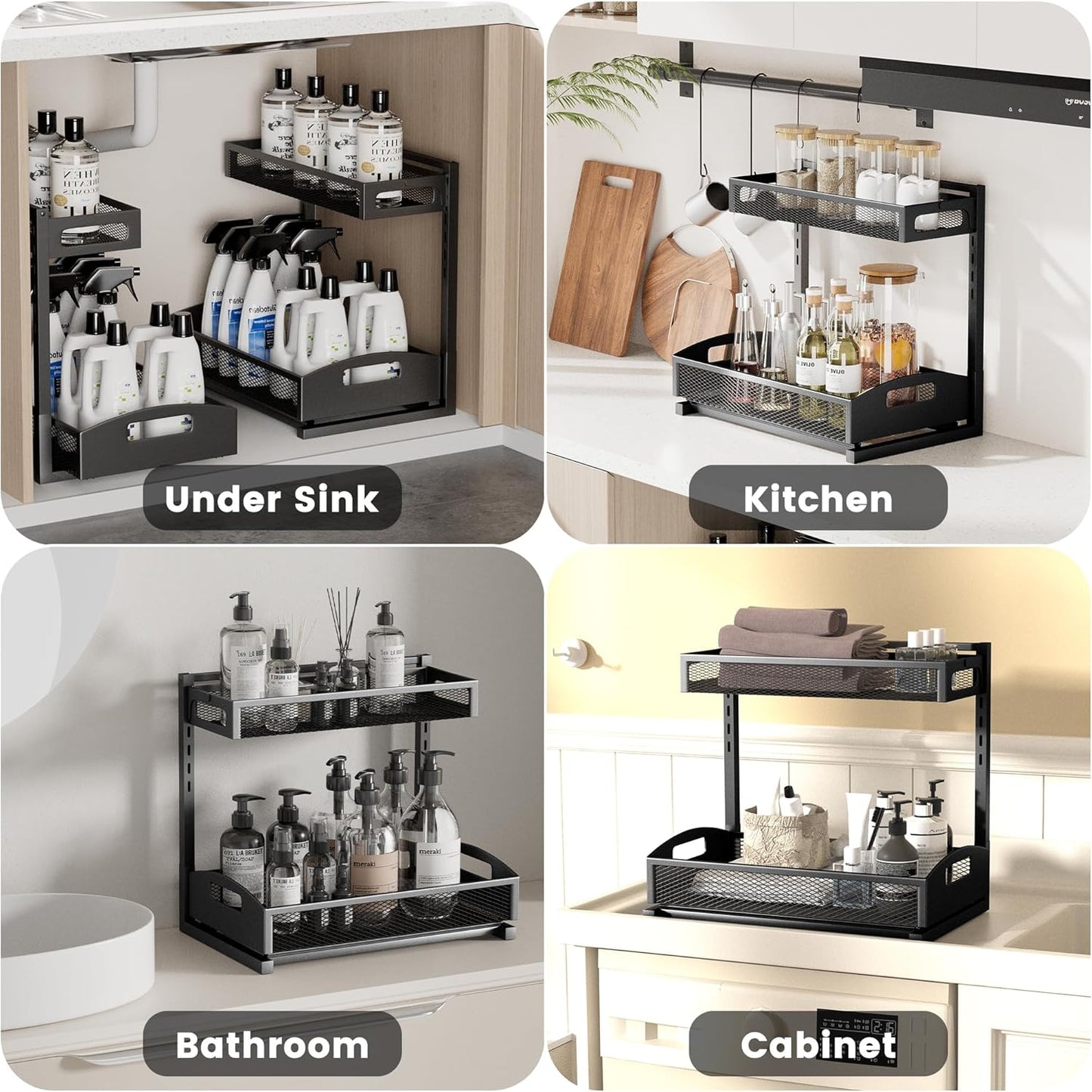 Petiza Under Sink Organizer Adjustable Height 2 Tier Bathroom Organizer Pull Out Cabinet Organer kitchen organizers and storage fridge organizers and storage,White,XL-1 Pack
