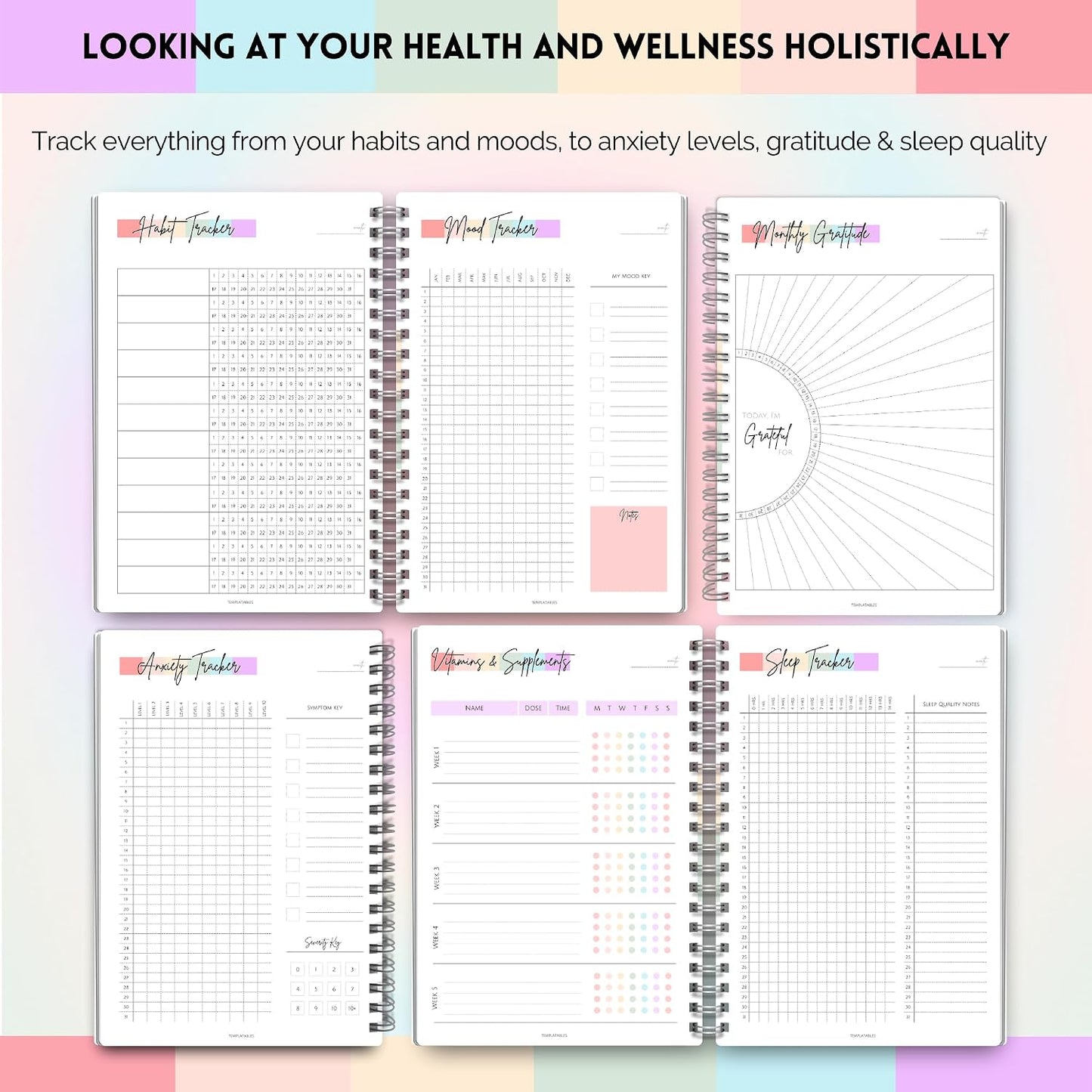 Wellness Journal - 90 Day Health, Fitness, Gratitude, Mindfullness, Wellbeing, Habit, Goals, Diet & Food Tracker - A5 (Pastel Rainbow)