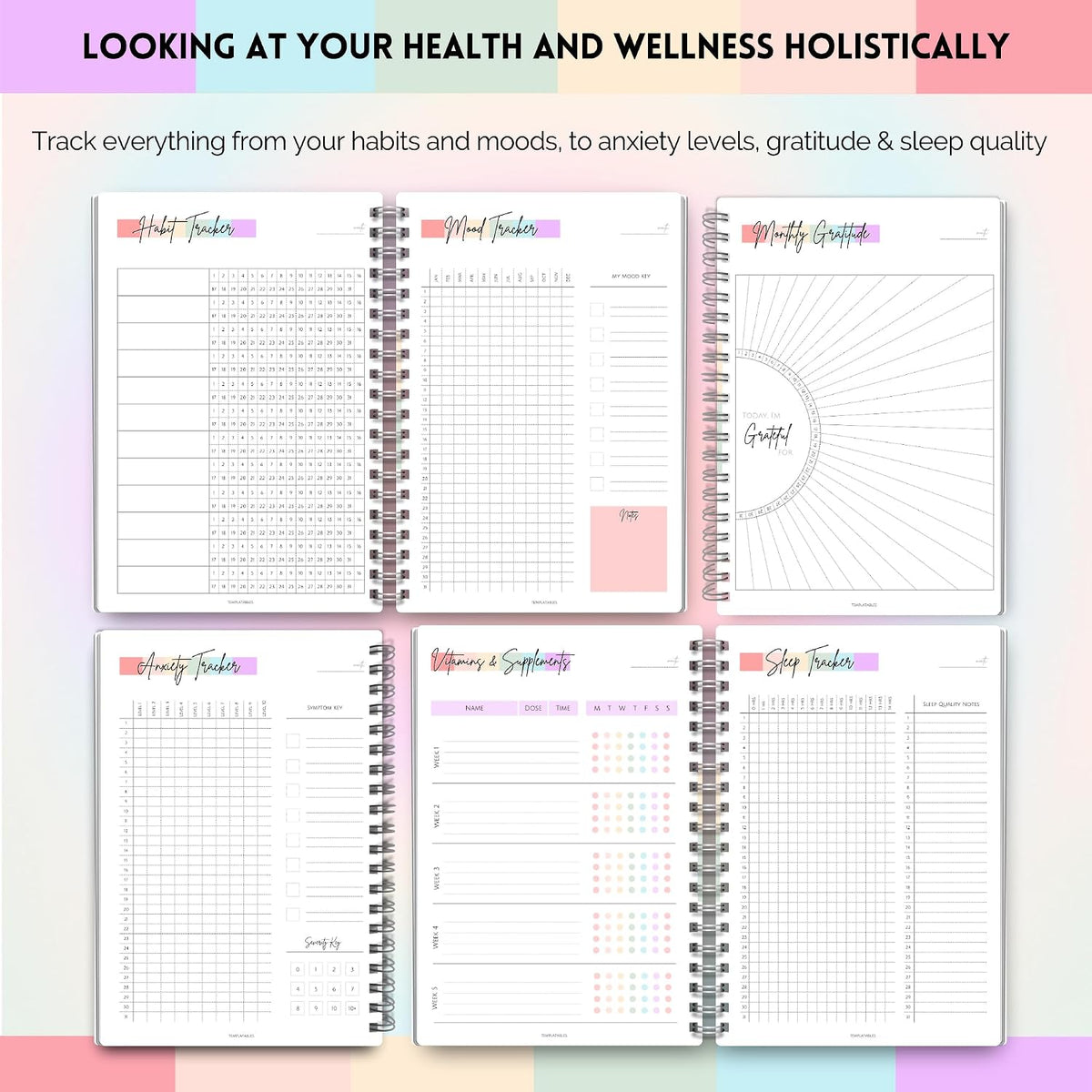 Wellness Journal - 90 Day Health, Fitness, Gratitude, Mindfullness, Wellbeing, Habit, Goals, Diet & Food Tracker - A5 (Pastel Rainbow)