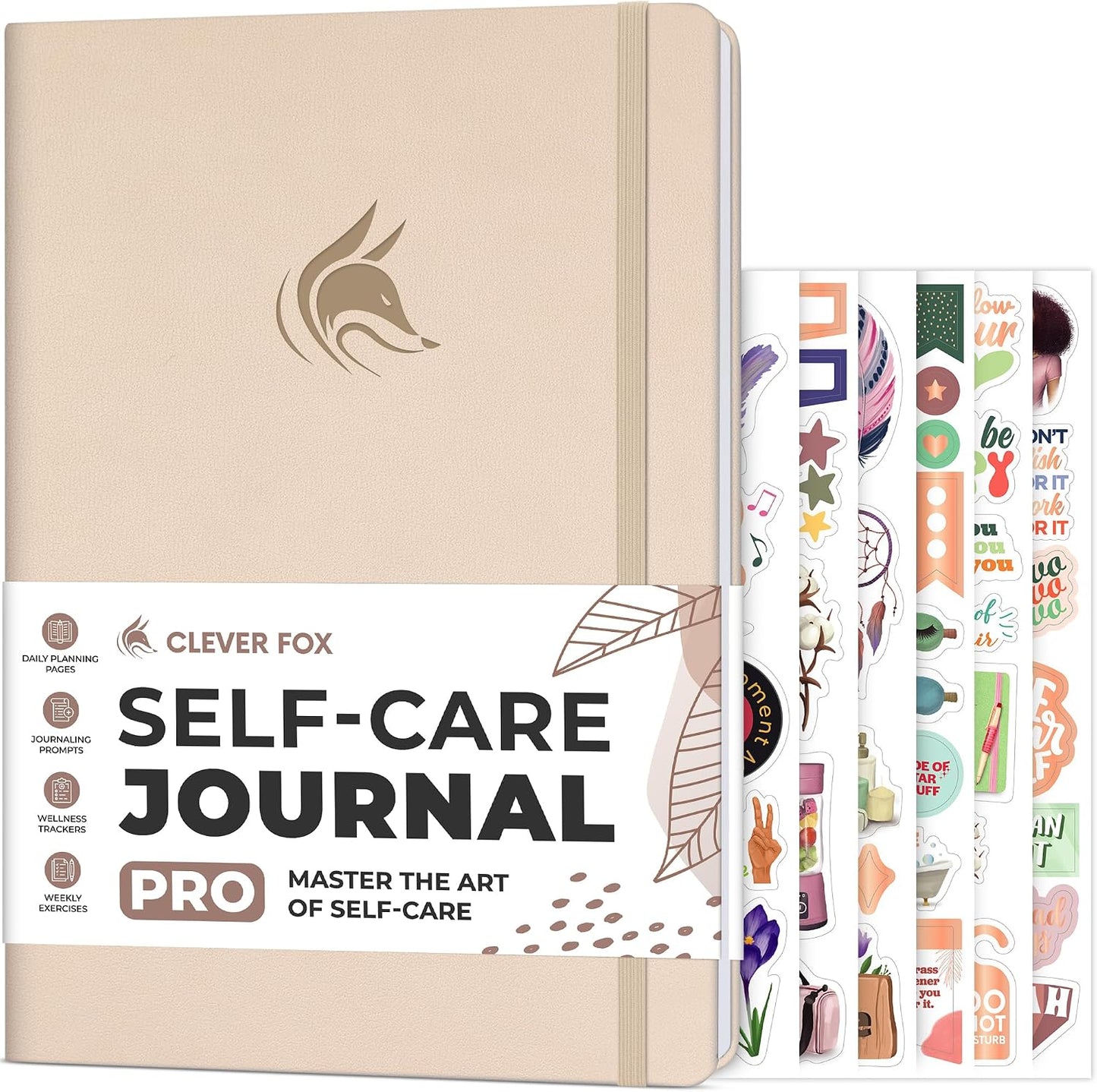 Clever Fox Self-Care Journal PRO for Women, Mental Health, Seashell | Guided daily life reflection, wellness, gratitude, and mood prompts, habit tracker, 7x10 in, eco leather hardcover