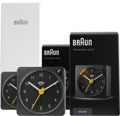 Braun Classic Travel Analogue Alarm Clock with Snooze and Light, Compact Size, Quiet Quartz Movement, Crescendo Beep Alarm in Black, Model BC02XB.