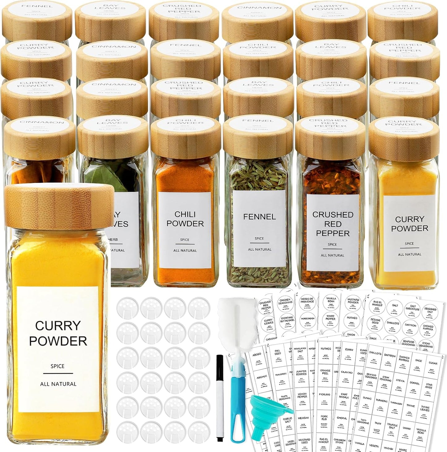 Glass Spice Jars with Bamboo Lid & 398 Label for Cabinet & Drawer Organizer | 24 pcs 4 fl oz Square Spice Bottles With Shaker Lids,Airtight Spice Containers Keep Fresh,Seasoning Containers Organization