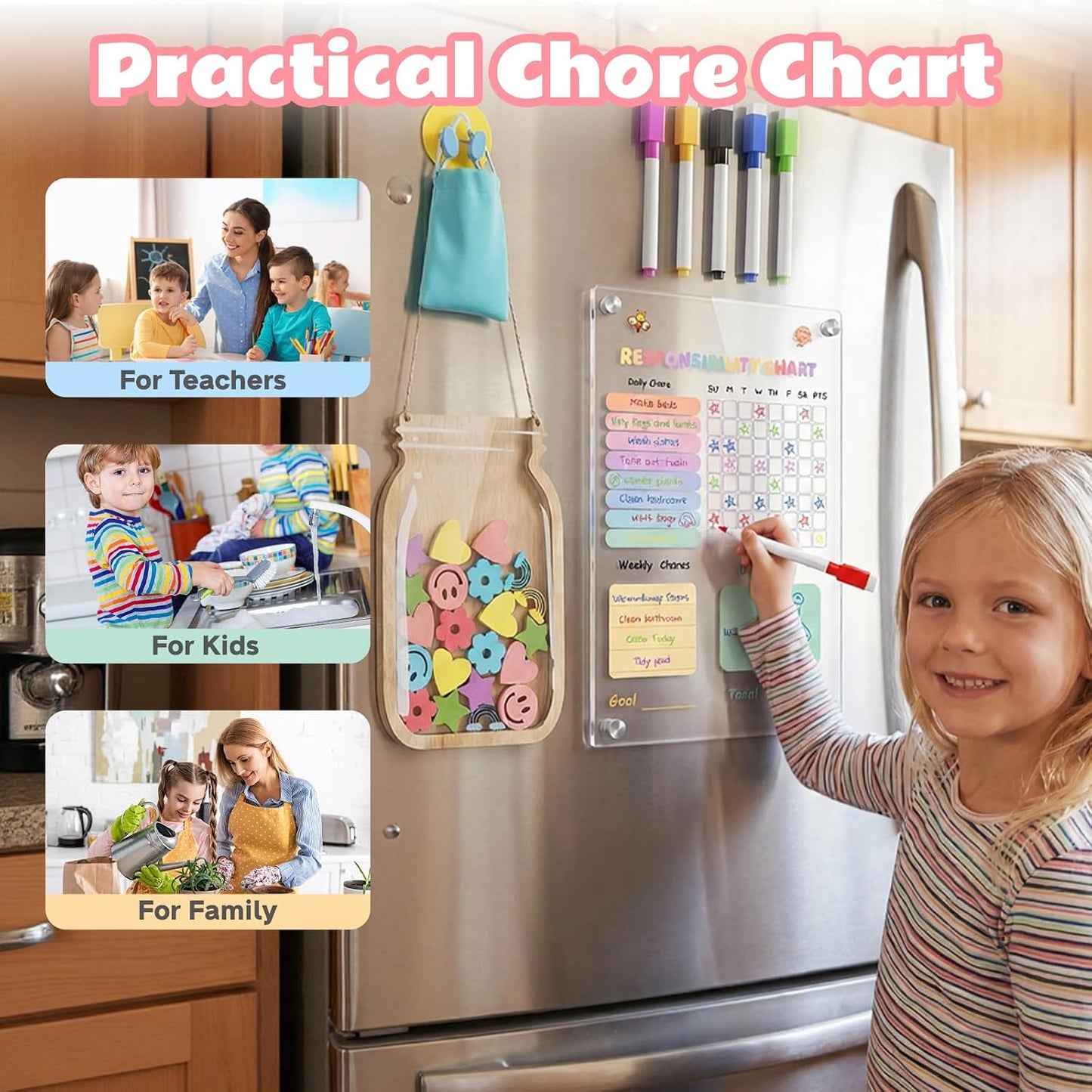 Acrylic Magnetic Chore Board for Kids | Dry Erase Fridge Calendar & Star Reward Jar, Visual Schedule, Potty Training Tracker with Wooden Stars, Markers & Stickers
